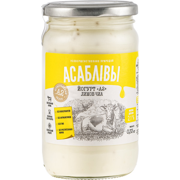 Йогурт 2,1% А2 "Лимон-чиа" 330 г АСАБЛІВЫ