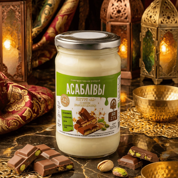 Йогурт А2 "Со вкусом Дубайского шоколада" 330 г АСАБЛІВЫ