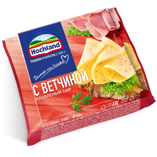 Сыр плавленый с ветчиной (слайсы) 150 г Hochland Сыр плавленый с ветчиной (слайсы) 150 г Hochland