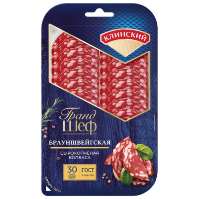 Колбаса сырокопчёная Брауншвейгская (нарезка) 95 г(срок годн.06.12) Грандшеф